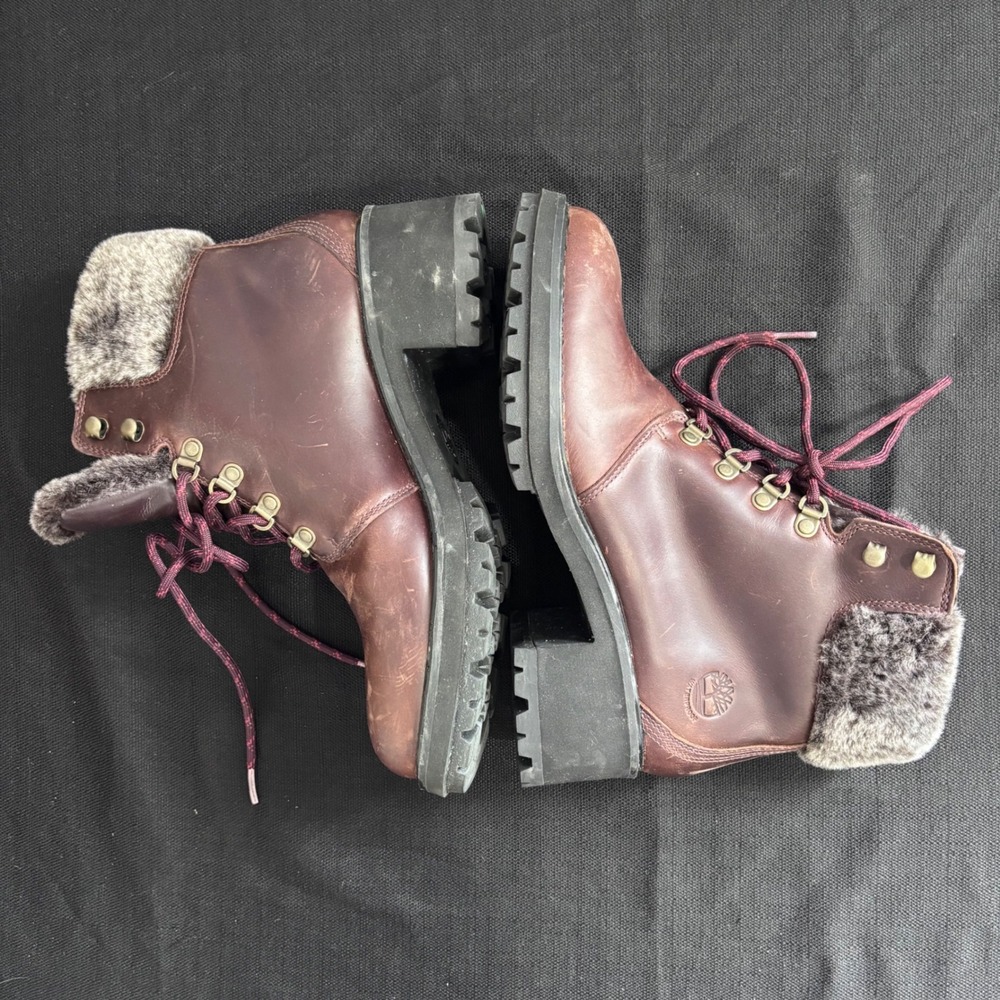 Timberland Kinsley 6 Inch Waterproof Burgundy Leather Faux Fur Boots Women 9.5 - Picture 7 of 11